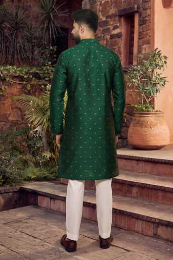 Shop_Jhambthreads_Green Silk, Jacquard Embroidery, Mirrors Kurta And Pant Set _at_Aza_Fashions