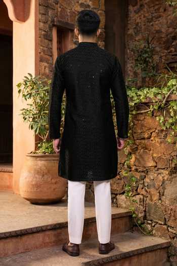 Shop_Jhambthreads_Black Cotton, Silk Embroidery, Sequins Kurta And Pant Set _at_Aza_Fashions