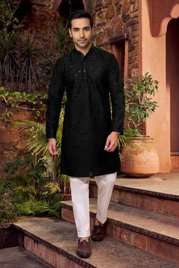 Buy_Jhambthreads_Black Cotton, Silk Embroidery, Sequins Kurta And Pant Set _at_Aza_Fashions