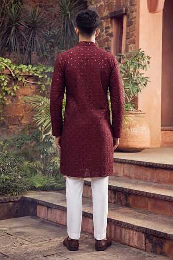 Shop_Jhambthreads_Maroon Cotton, Silk Embroidery, Sequins Kurta And Pant Set _at_Aza_Fashions