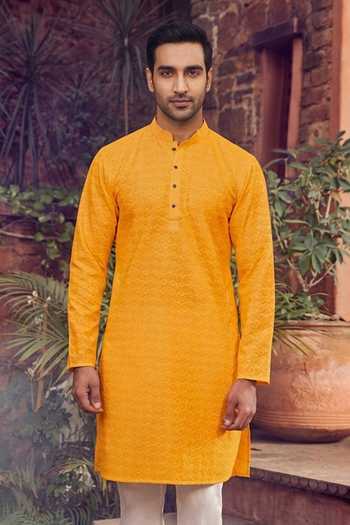 Jhambthreads_Yellow Cotton, Silk Embroidery, Sequins Kurta And Pant Set _Online_at_Aza_Fashions