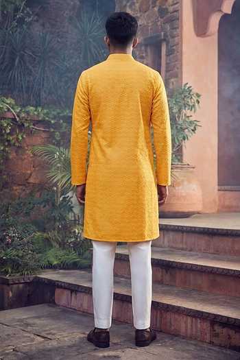 Shop_Jhambthreads_Yellow Cotton, Silk Embroidery, Sequins Kurta And Pant Set _at_Aza_Fashions