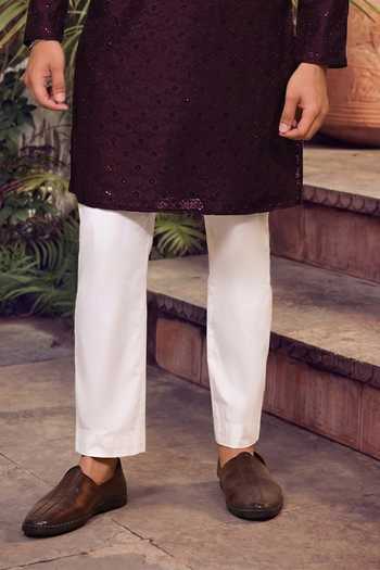 Jhambthreads_Wine Cotton, Silk Embroidery, Sequins Straight Kurta And Pant Set _Online_at_Aza_Fashions
