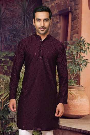 Buy_Jhambthreads_Wine Cotton, Silk Embroidery, Sequins Straight Kurta And Pant Set _Online_at_Aza_Fashions
