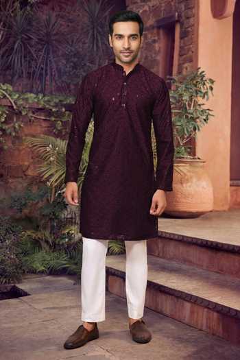 Shop_Jhambthreads_Wine Cotton, Silk Embroidery, Sequins Straight Kurta And Pant Set _Online_at_Aza_Fashions