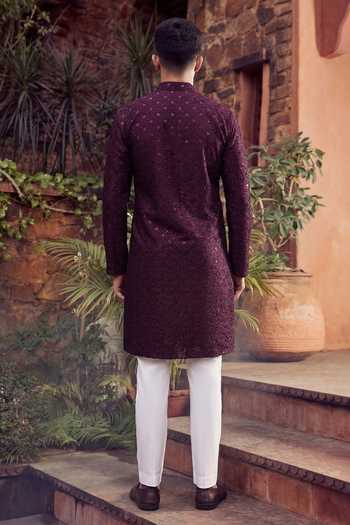 Shop_Jhambthreads_Wine Cotton, Silk Embroidery, Sequins Straight Kurta And Pant Set _at_Aza_Fashions