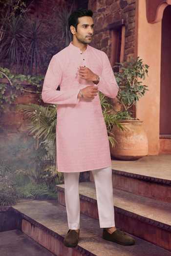 Shop_Jhambthreads_Pink Cotton, Silk Embroidery, Sequins Kurta And Pant Set _Online_at_Aza_Fashions
