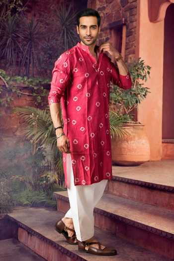 Shop_Jhambthreads_Pink Viscose, Silk Printed Kurta And Pyjama Set _Online_at_Aza_Fashions