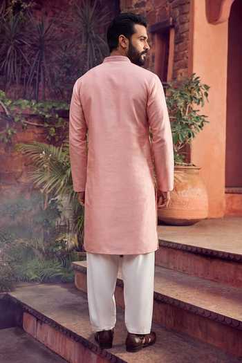 Shop_Jhambthreads_Pink Silk Foil Printing Embroidered Kurta And Pyjama Set _at_Aza_Fashions