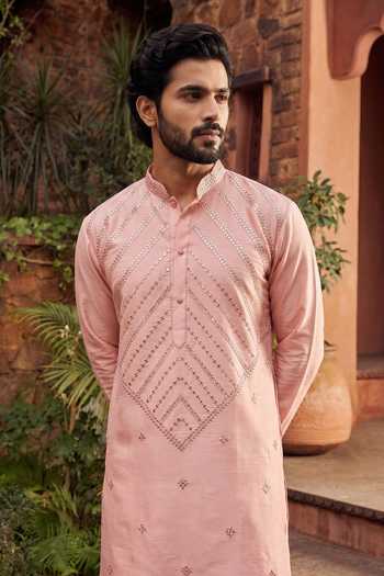 Buy_Jhambthreads_Pink Silk Foil Printing Embroidered Kurta And Pyjama Set _Online_at_Aza_Fashions