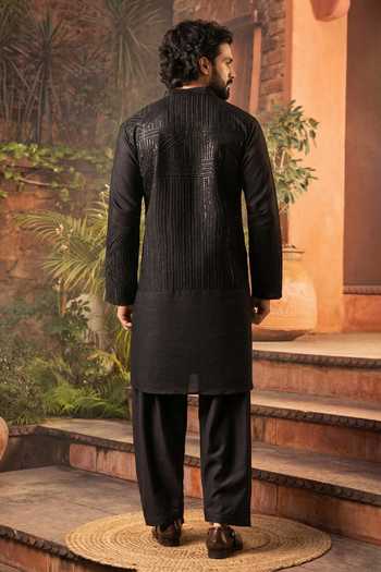 Shop_Jhambthreads_Black Silk Embroidery Kurta And Pyjama Set _at_Aza_Fashions