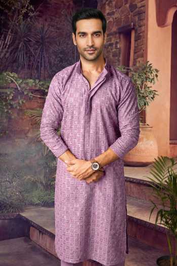 Jhambthreads_Purple Viscose, Rayon, Silk Embroidery Kurta And Pyjama Set _Online_at_Aza_Fashions