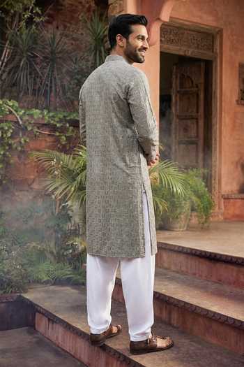 Shop_Jhambthreads_Silver Viscose, Rayon, Silk Embroidery Kurta Set _at_Aza_Fashions