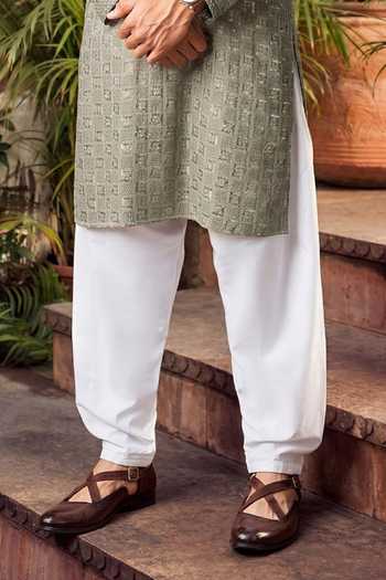Jhambthreads_Silver Viscose, Rayon, Silk Embroidery Kurta Set _Online_at_Aza_Fashions