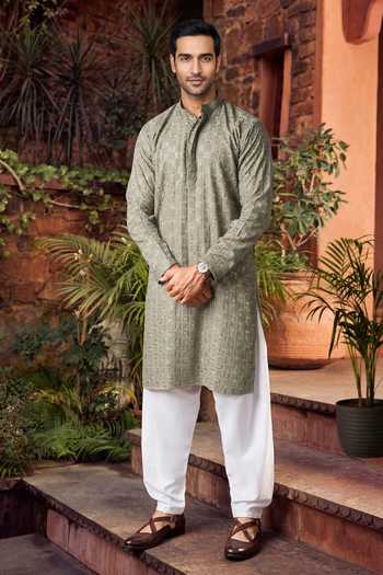 Buy_Jhambthreads_Silver Viscose, Rayon, Silk Embroidery Kurta Set _at_Aza_Fashions