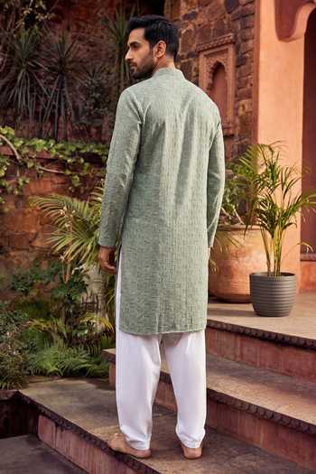 Shop_Jhambthreads_Green Viscose, Rayon, Silk Embroidery Tonal Kurta Set _at_Aza_Fashions