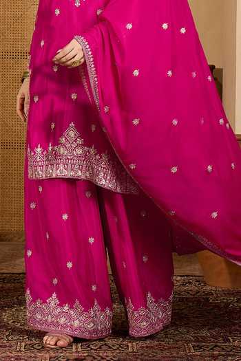 Jhambthreads_Pink Silk, Chinon Embroidery Round Neck Kurta Palazzo Set _Online_at_Aza_Fashions