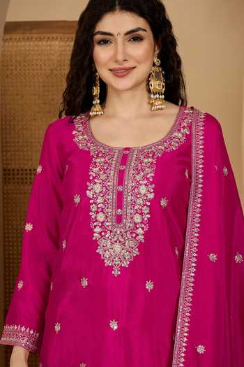 Shop_Jhambthreads_Pink Silk, Chinon Embroidery Round Neck Kurta Palazzo Set _at_Aza_Fashions