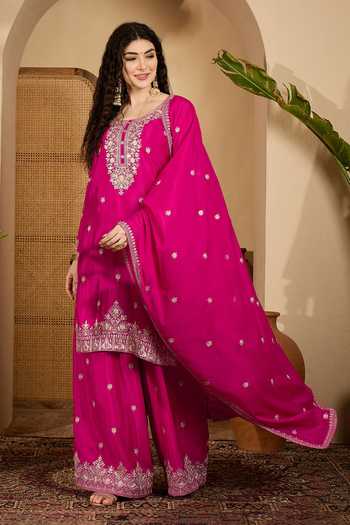 Buy_Jhambthreads_Pink Silk, Chinon Embroidery Round Neck Kurta Palazzo Set _at_Aza_Fashions
