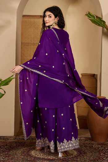 Shop_Jhambthreads_Purple Silk, Chinon Embroidery Round Neck Kurta Palazzo Set _at_Aza_Fashions