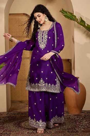 Buy_Jhambthreads_Purple Silk, Chinon Embroidery Round Neck Kurta Palazzo Set _at_Aza_Fashions