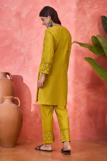 Shop_Jhambthreads_Yellow Pure Cotton Cut Work, Embroidery Round Neck Kurta And Pant Set _at_Aza_Fashions
