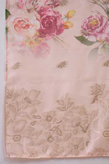 Jhambthreads_Peach Chanderi, Muslin V-neck Floral Print Kurta And Pant Set _Online_at_Aza_Fashions