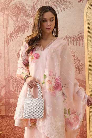 Shop_Jhambthreads_Peach Chanderi, Muslin V-neck Floral Print Kurta And Pant Set _Online_at_Aza_Fashions