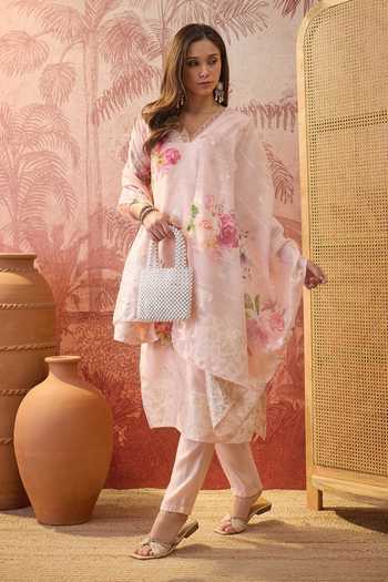 Buy_Jhambthreads_Peach Chanderi, Muslin V-neck Floral Print Kurta And Pant Set _at_Aza_Fashions