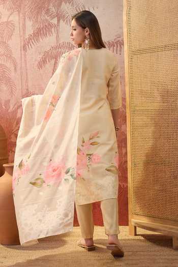 Shop_Jhambthreads_Cream Chanderi, Muslin V-neck Floral Print Kurta And Pant Set _at_Aza_Fashions