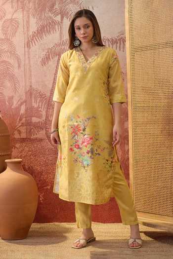 Shop_Jhambthreads_Yellow Chanderi, Muslin V-neck Printed Kurta And Pant Set _Online_at_Aza_Fashions