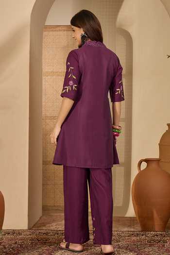 Shop_Jhambthreads_Purple Silk Embroidery Collared Kurta And Pant Set _at_Aza_Fashions
