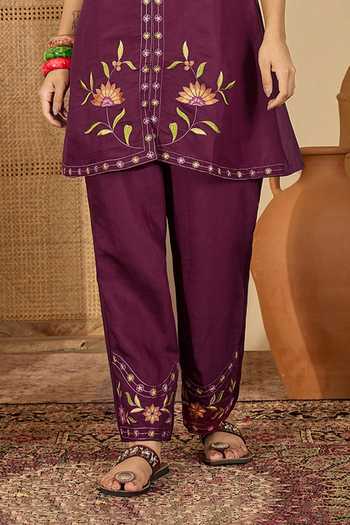 Jhambthreads_Purple Silk Embroidery Collared Kurta And Pant Set _Online_at_Aza_Fashions
