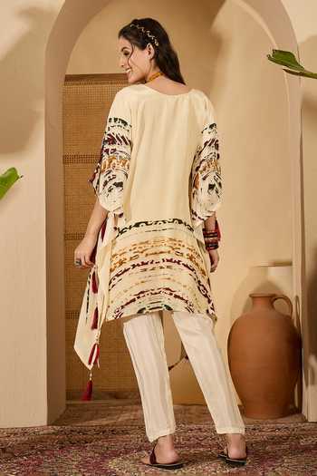 Shop_Jhambthreads_Cream Silk V-neck Printed Kaftan And Pant Set _at_Aza_Fashions