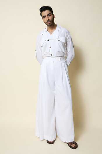 Shop_House Of Three_White Cotton Handloom Mulmul Utility Shirt _Online_at_Aza_Fashions
