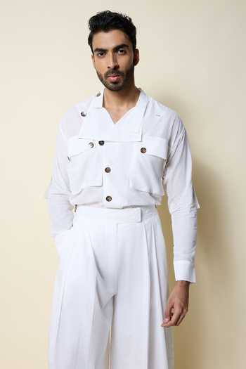 House Of Three_White Cotton Handloom Mulmul Utility Shirt _at_Aza_Fashions