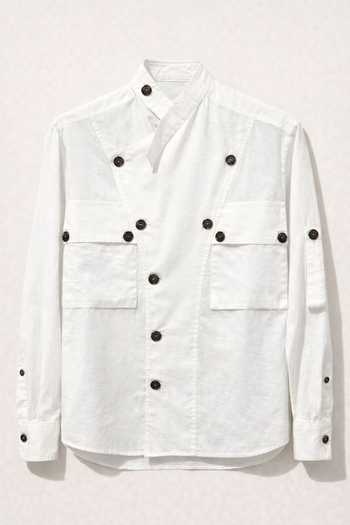 Shop_House Of Three_White Cotton Handloom Mulmul Utility Shirt 