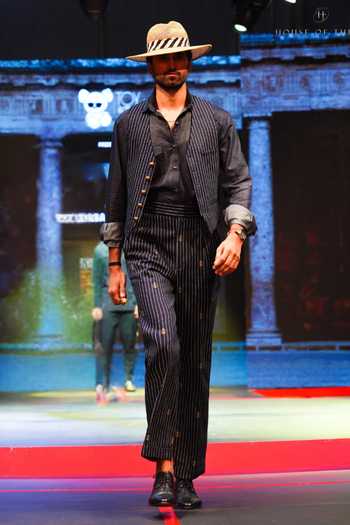 House Of Three_Blue Cotton, Denim Zari Tailored Shirt _Online_at_Aza_Fashions