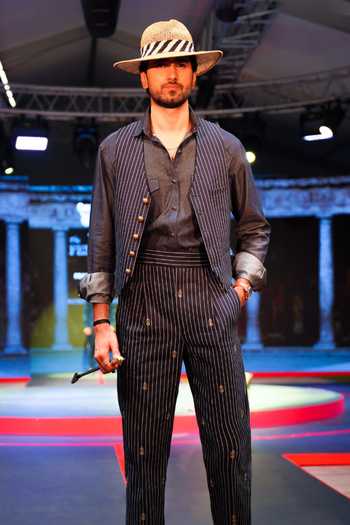 Buy_House Of Three_Blue Cotton, Denim Zari Tailored Shirt _at_Aza_Fashions