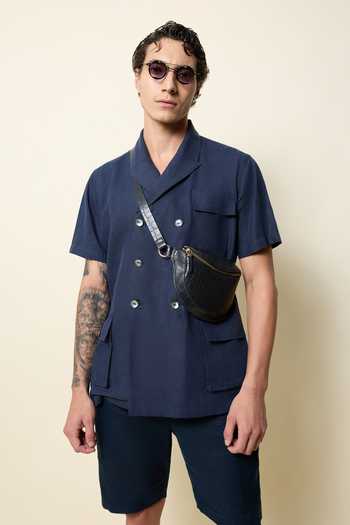 House Of Three_Blue Linen Double Breasted Resort Shirt _Online