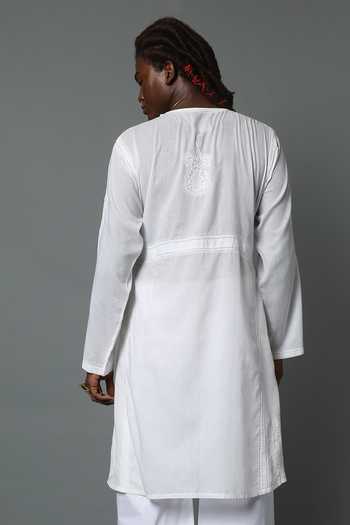 House Of Three_White Cotton Embroidery Chikankari Arsalan Angarkha Kurta _Online_at_Aza_Fashions