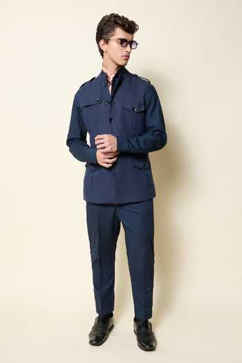 House Of Three_Blue Linen Gurkha Trouser _Online_at_Aza_Fashions