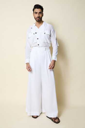 Shop_House Of Three_White Cotton, Poplin Hridaya Pleated Wide-leg Trouser _Online_at_Aza_Fashions