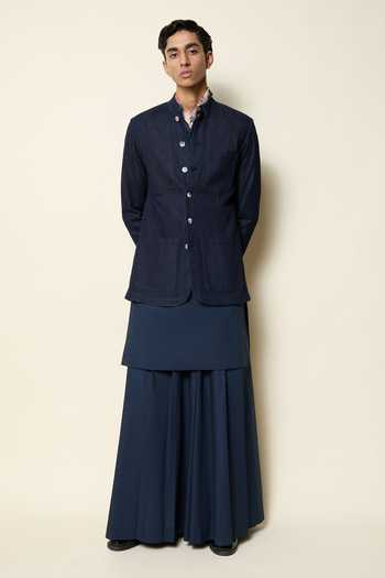 House Of Three_Blue Cotton, Poplin Hridaya Pleated Wide-leg Trouser _Online_at_Aza_Fashions
