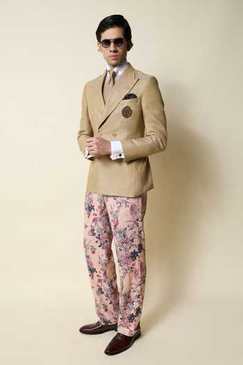 Shop_House Of Three_Pink Cotton, Linen Botanica Print Gurkha Trouser _Online_at_Aza_Fashions