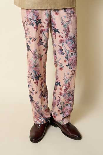 House Of Three_Pink Cotton, Linen Botanica Print Gurkha Trouser _at_Aza_Fashions