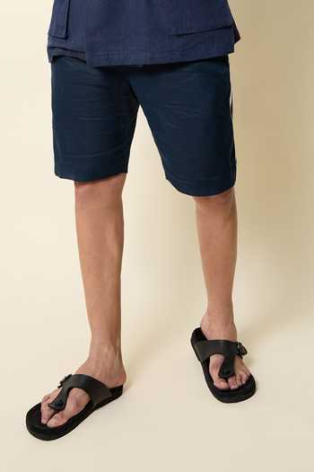 Buy_House Of Three_Blue Linen Straight Cut Shorts _Online_at_Aza_Fashions