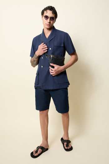 House Of Three_Blue Linen Straight Cut Shorts _Online_at_Aza_Fashions