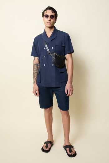 Shop_House Of Three_Blue Linen Straight Cut Shorts _Online_at_Aza_Fashions
