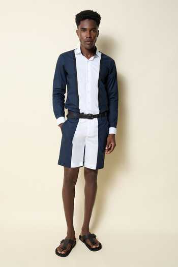 House Of Three_White Cotton, Poplin Color Block Shorts _Online_at_Aza_Fashions
